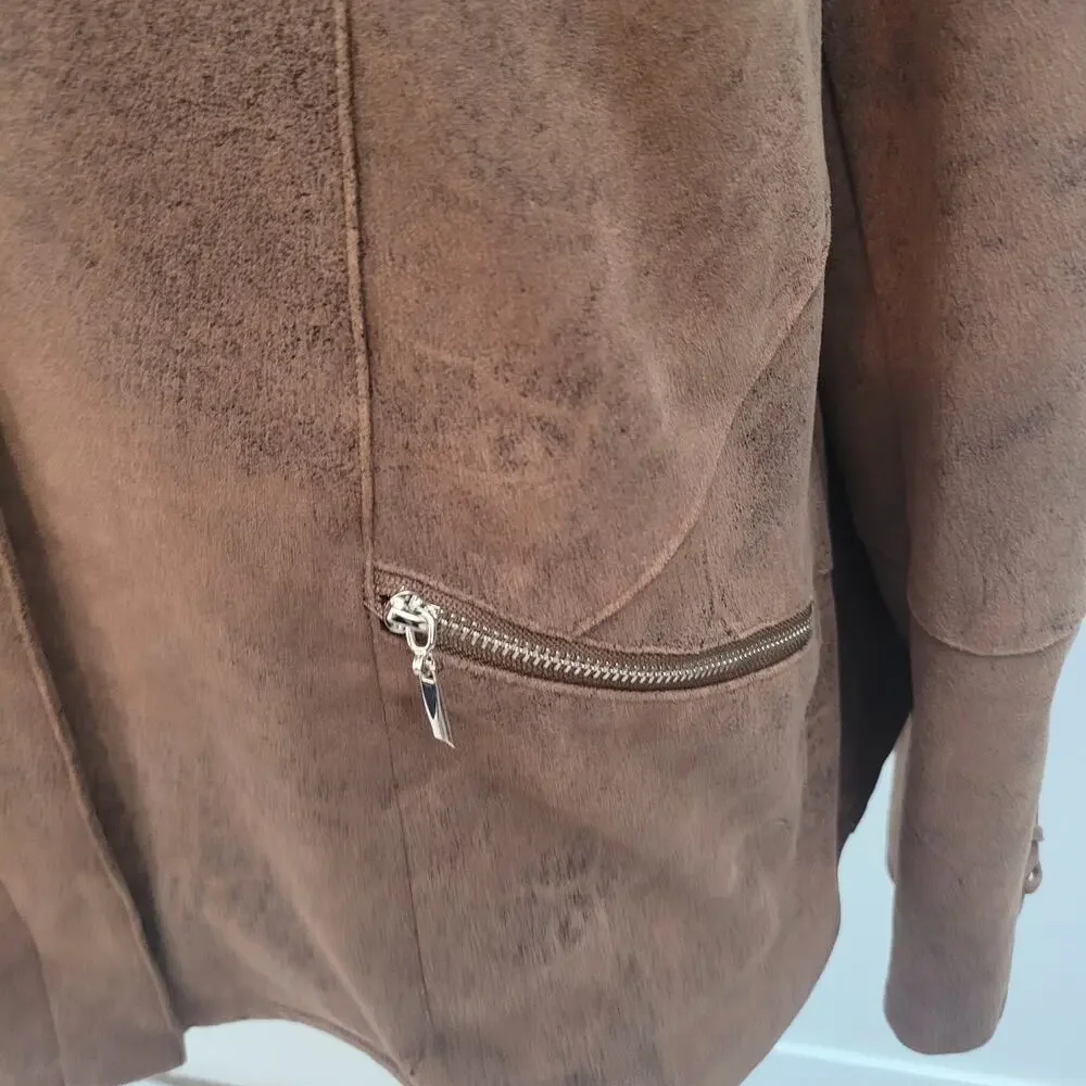 Chico's Size 2 US 12/14 Suede Moto Jacket‎ Brown Faux Leather Western Minimalist